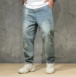 Демисезонный мужской свободный крой джинсовые штаны Для мужчин s хип-хоп рваные синие джинсы мужские корейский Повседневное длинные
