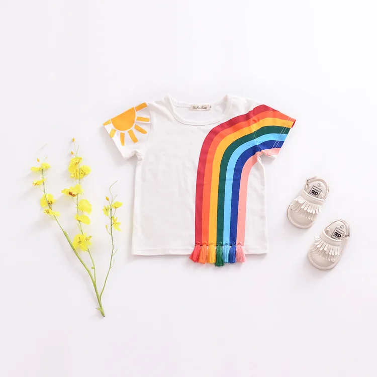 as picture Ins Baby Rainbow флисовый детский цветочный джемпер футболки с кисточками летние детские повседневные хлопковые футболки детская одежда - Цвет: as picture
