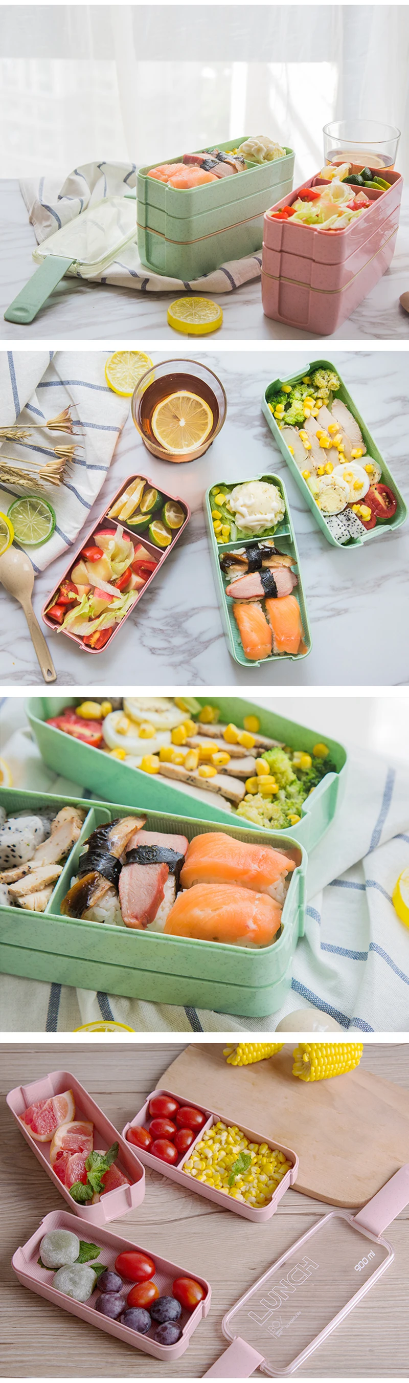 TUUTH 3 Layer 900ml Lunch Box Wheat Straw Fruit Salad Rice Bento Boxe Microwave Food Storage Container for School Office Fitness B7