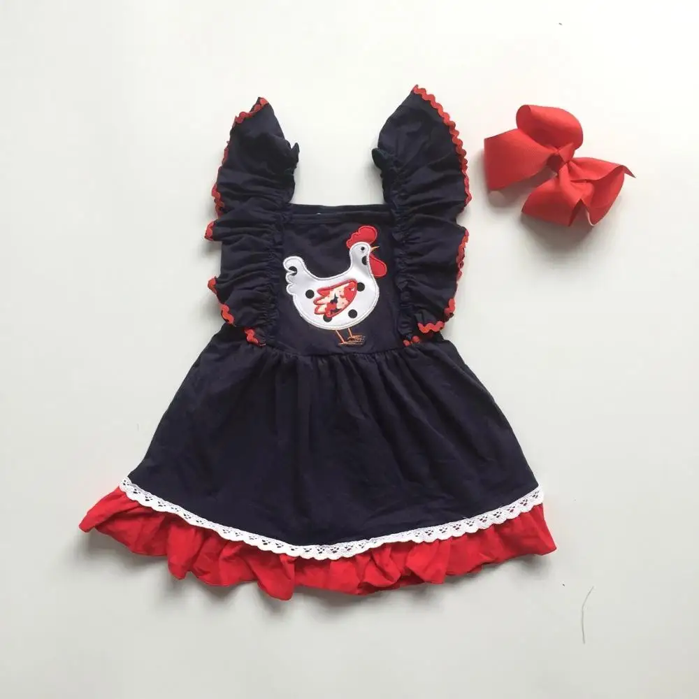 

baby girls summer dress kids dark blue dress with chick print girls boutique dress with bow