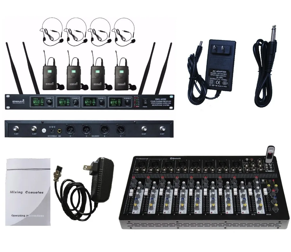 

STARAUDIO Professional 10 Channel USB Bluetooth MP3 Mixer W/ 4CH UHF Headset Microphones SMX-1000B