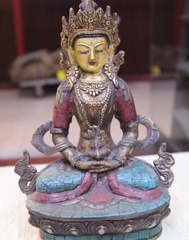 

9" Tibet Buddhism Temple Bronze 24K Gold Turquoise Coral Amitayus Buddha Statue