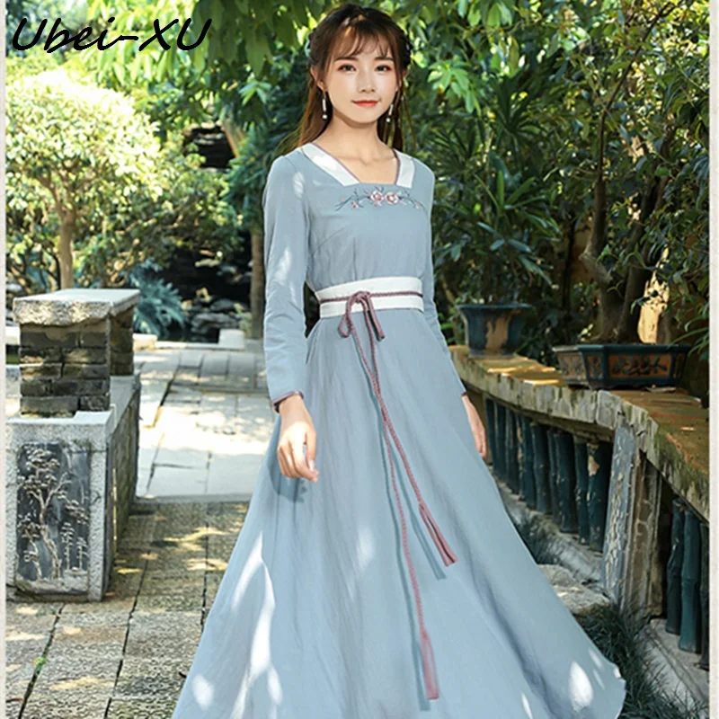 

Ubei New retro women dress square collar long sleeve slim belt dress blue floral embroider long dress
