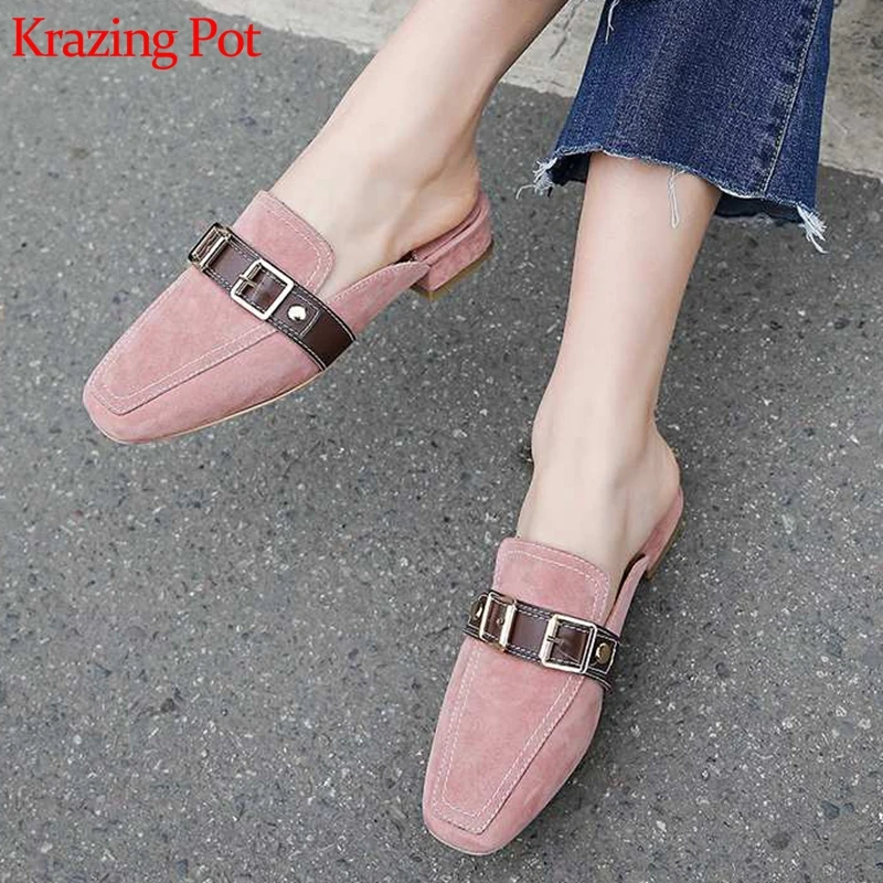 

Krazing Pot full grain leather square toe belt buckle decoration outside slippers Korean version fairy preppy style mules l99