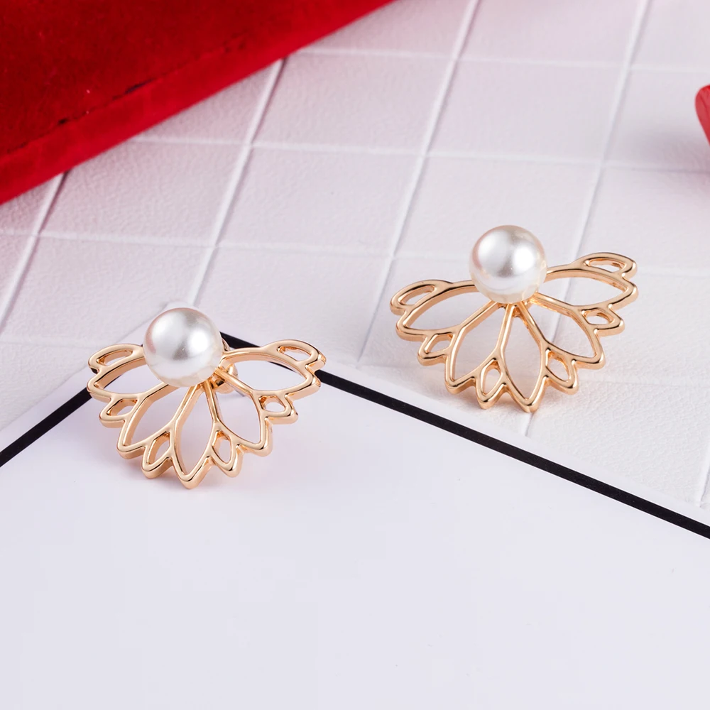 IPARAM 2020 Lotus pearl Jacket Flower Stud Earrings For Women fashion Jewelry Double Sided Gold Silver Plated earrings