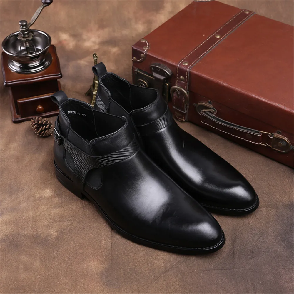 Модные черные мужские Ботильоны; модельные ботинки из натуральной кожи; осенние мужские мотоциклетные ботинки с пряжкой
