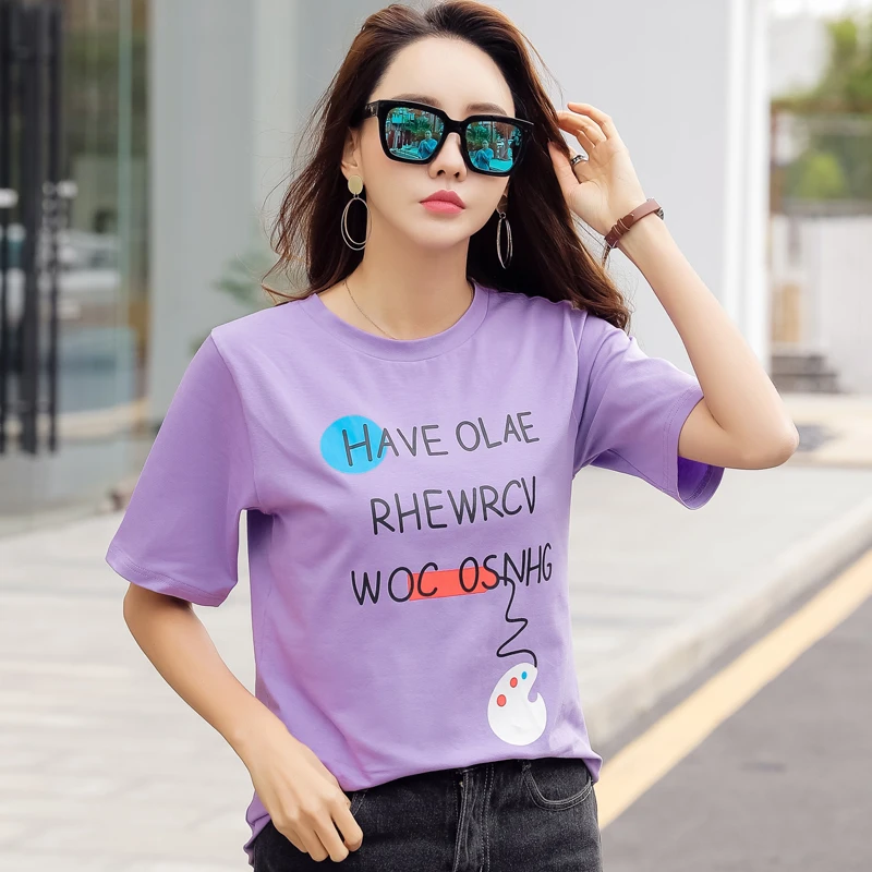 Хлопковая футболка летние шорты рукавом топ, футболка, рубашка Femme Camiseta Mujer печати письмо Для женщин футболка в Корейском стиле шикарный топ