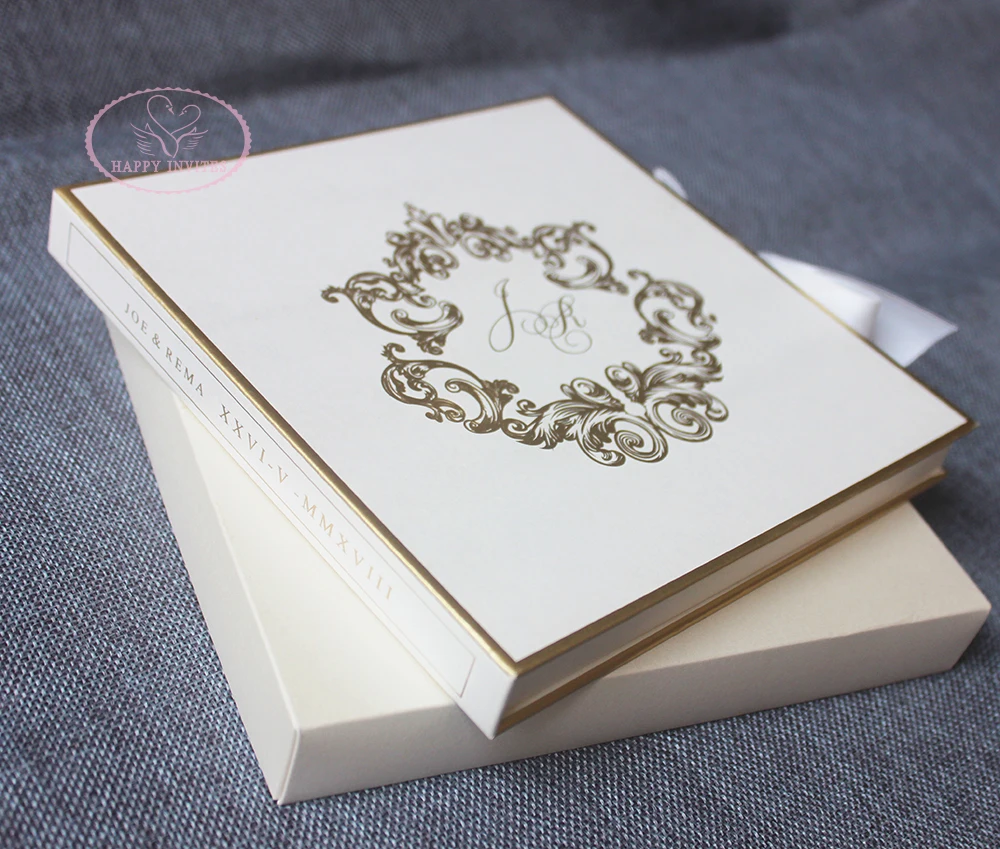 HI1180-06 High Grade Ivory Hardcover Box Invites with Clear Acrylic Invitation with Gold & Black Printing Made in China