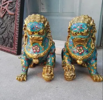 

23cm Chinese Bronze Copper Cloisonne Foo Fu Dog Guardion Door Lion Ball Statue Pair