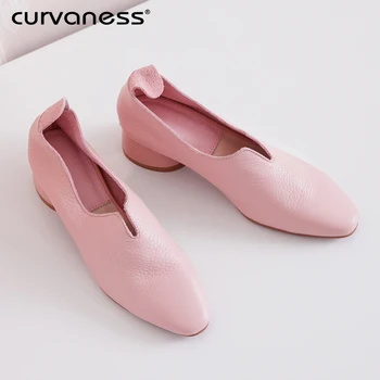 

Curvaness 2019 Spring Comfortable Office Leather Ladies High Heels Pointed Shoes Ladies Casual Comfortable Low-heeled Shoes