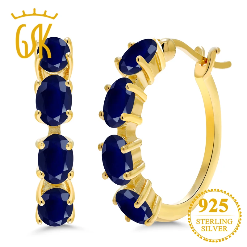 

GemStoneKing 4.40 Ct Oval Natural Blue Sapphire Earrings For Women gift 18K Yellow Gold Plated Silver Hoop Earrings