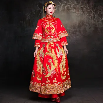 

New Bride Traditions Red Women Phoenix Embroidery Cheongsam Long Qipao Wedding Dresses Traditional Chinese Dress Chinees Jurkje
