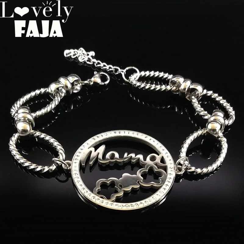 

2019 Mama Crystal Stainless Steel Braclets for Women Flower Silver Color Tree of Life Bracelets for Women Jewelry pulsera B18059