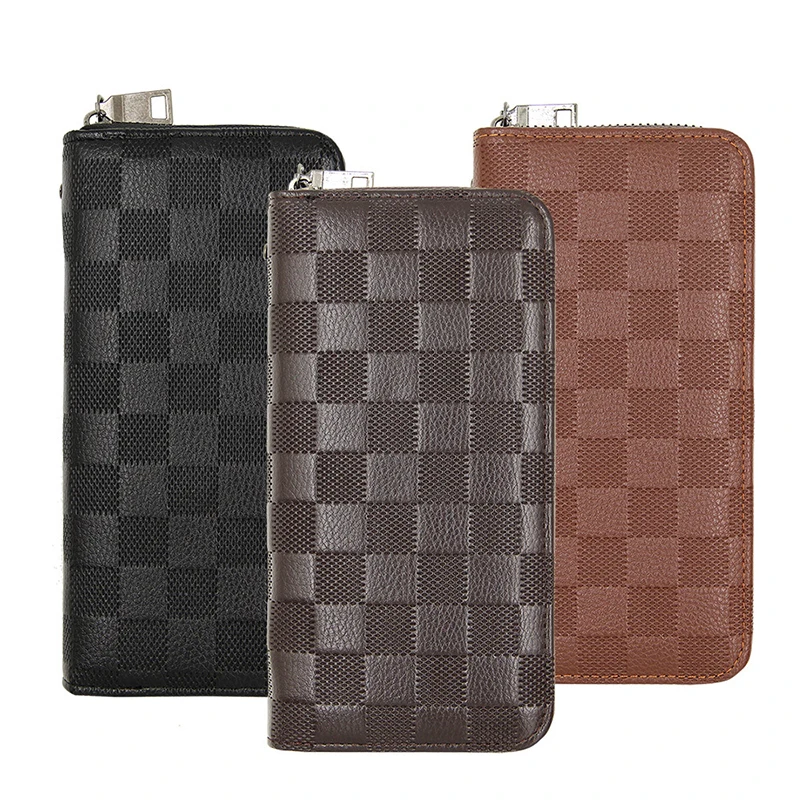 

High Quality Business men long wallet leather phone purse zipper coin money clip Lattice embossed Large Capacity vintage clutch