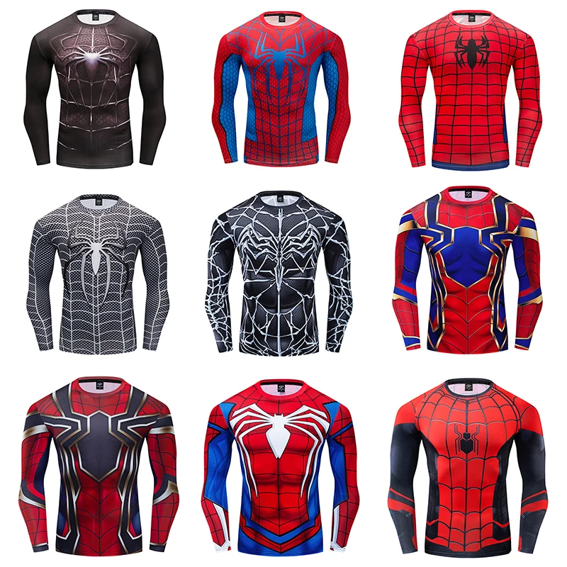 

2019 High-end Spider-Man Series Long sleeves men and women summer Clothing Tightness Sportswear 3D printing Gym t shirt
