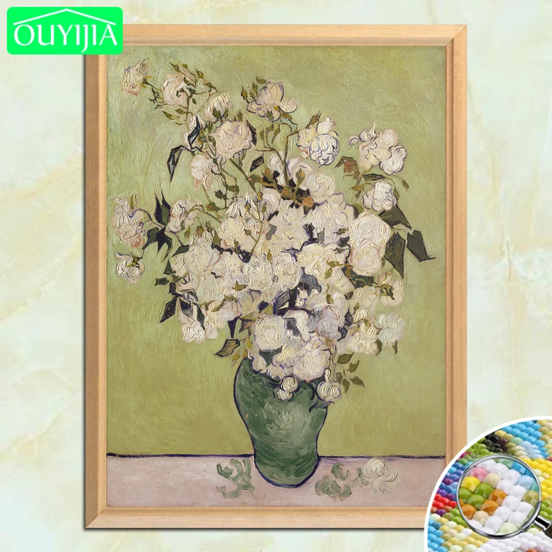 

Van Gogh Famous Painting "Pink Roses in a Vase" 5D DIY Diamond Painting Full Square Diamond Embroidery Sale Rhinestones Picture