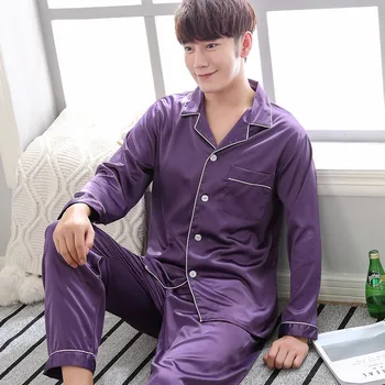 

Spring autumn silk men pajamas set solid long sleeve long pants 2 piece set lounge wear&sleepwear pajamas suit man