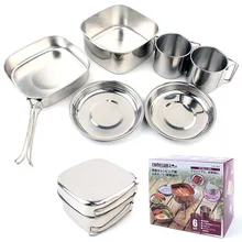 Cuisinière en acier inoxydable 6 pièces, pots à usage extérieur, ensemble de pique-nique d'alpinisme, ustensiles de cuisine portable pour 3-4 personnes, barbecue