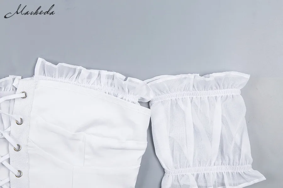 Macheda Женский летний кружевной белый короткий топ на шнурках с коротким прозрачным рукавом с открытой спиной с рюшами