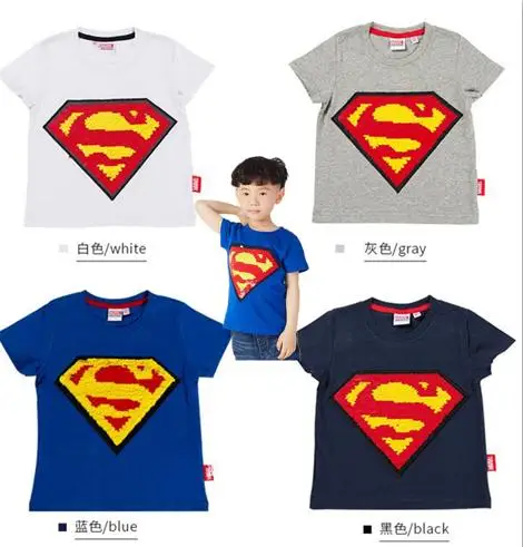 Boy Superman Cosplay Kids Costume T-shirt Cartoon Anime Sequins Short sleeve Children Jacket White/grey/black/blue | Тематическая
