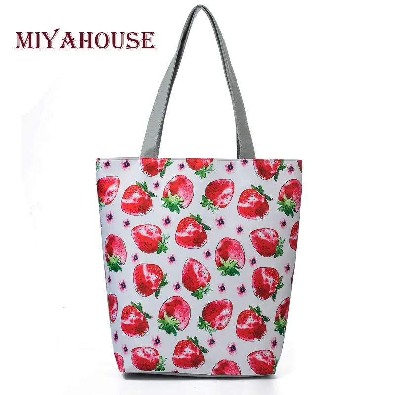 

Miyahouse Strawberry Printed Tote Handbag Women Large Capacity Female Shopping Bag Fruit Canvas Design Ladies Shoulder bag