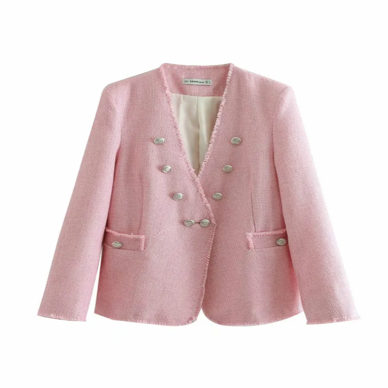 

Coats and jackets women2019 new women's fashion pink long-sleeved temperament commute double-breasted tweed jacket