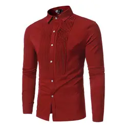 В новый стиль чистый цвет нижняя рубашка Для мужчин передней морщины Дизайн Длинные рукава Для мужчин рубашки Для мужчин смокинг рубашки