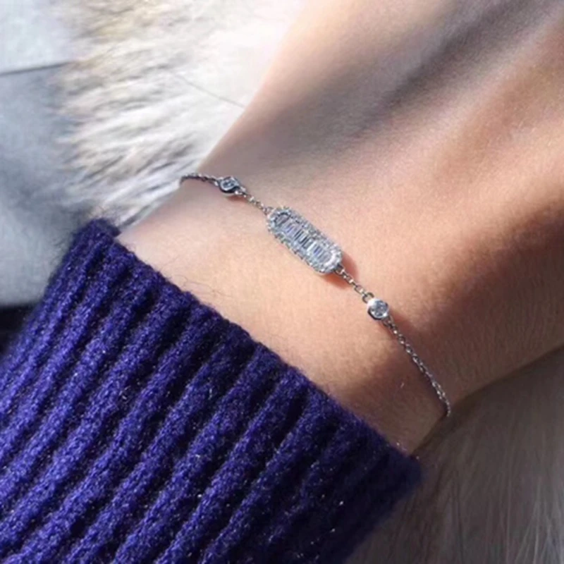 

BLH Zircon 925 Sterling Silver Simple Round Square Charm Bracelet Women Wedding Sweet Beads Charm Chain Bracelet Jewelry