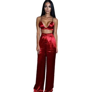 

New Soft Summer Women Silk V neck Crop Top Loose Pants Long Trousers Bralette Bustier Clothes Sets