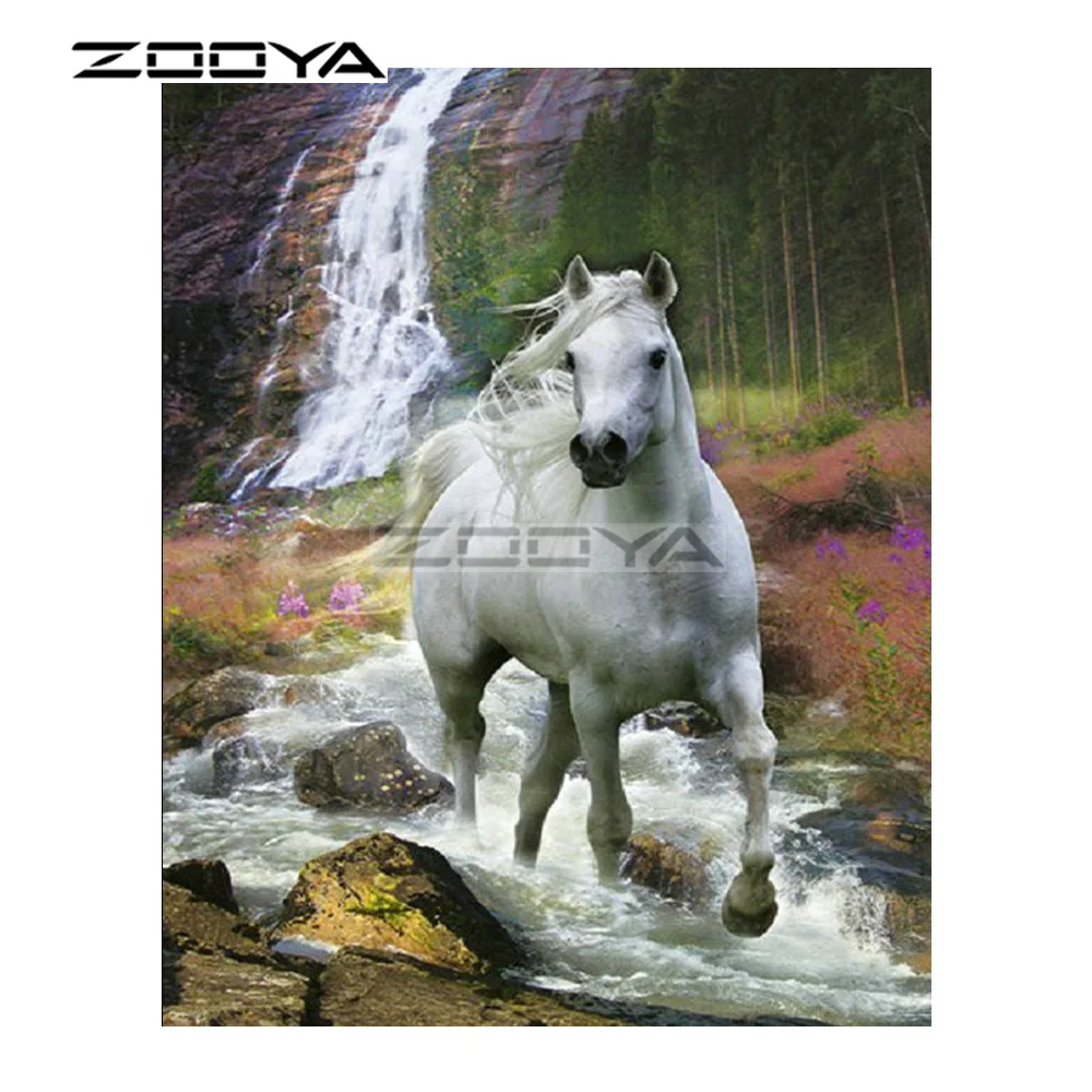 ZOOYA 5D DIY Diamond White Horse Stone Wildflower Waterfall Diamond Painting Cross Stitch Square