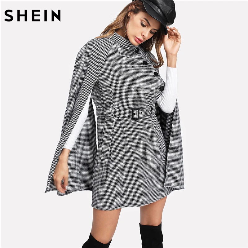 SHEIN Многоцветное Элегантное Модное Клетчатое Пончо С Поясом Винтажное Длинное