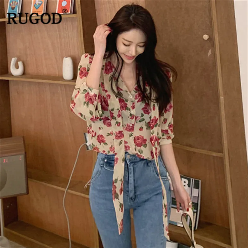 

RUGOD Elegant floral print women blouses bow-knot tied long sleeves vintage flare sleeves spirng women tops and blouses blusas