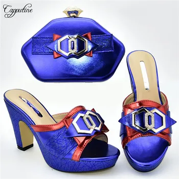 

Graceful party set matching high heel pump shoes with purse handbag set for lady 636-1 in royal blue, heel height 11cm