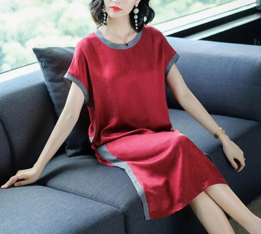 2018 Summer New Style Simple Fashion  Stripes Soft 100% Real Silk Straight Dress Female Casual Loose Short Sleeve Dress