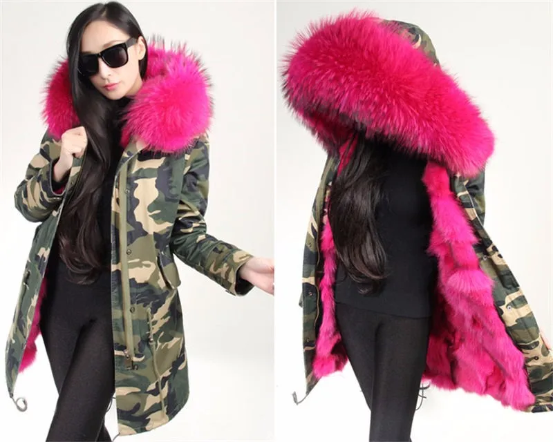 army coat with pink fur hood