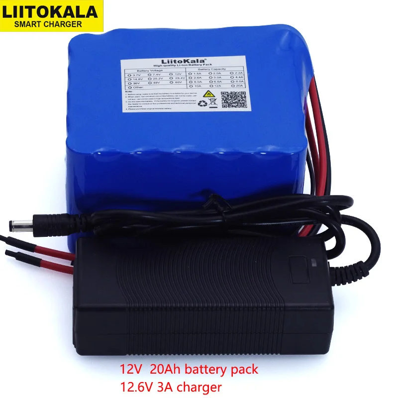 

LiitoKala 12V 20Ah high power 100A discharge battery pack BMS protection 4 line output 500W 800W 18650 battery+ 12.6V 3A Charger