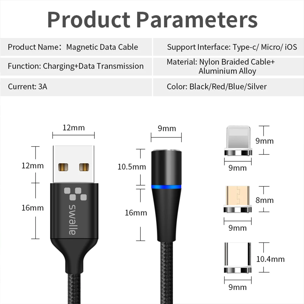 Swalle Магнитный 3.0A Быстрая зарядка Micro usb type C Lightnign кабель для передачи данных провод для быстрой зарядки для iphone samsung Xiaomi huawei