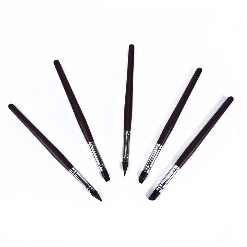 5Pcs Silicone Head Wooden & Metal handle Painting Brushes Nail Art Sculpture Carving Pen Kit for 3D Effect Shaping Drawing Tools