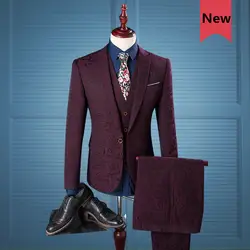 Мужская мода высокого качества винно-красные костюмы формальный бизнес печать 3 шт. костюмы жених смокинги для женихов Slim Fit Свадебный