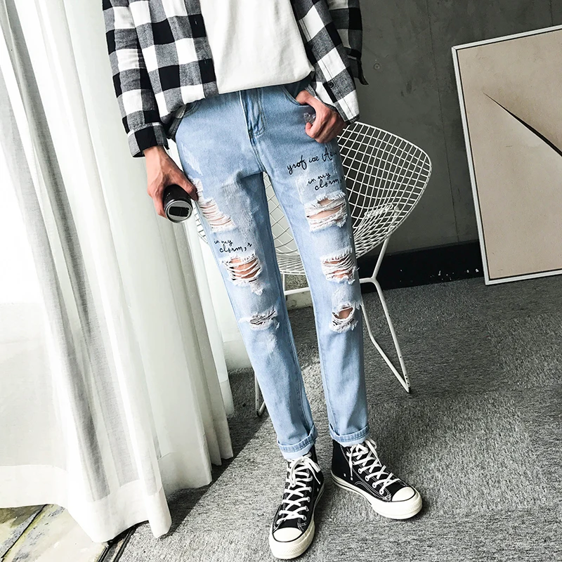 

2017 Summer New Cool Refreshing Autumn Printing Dotted Bound Feet slim fit Pants skinny denim hole blue Jeans men hombre