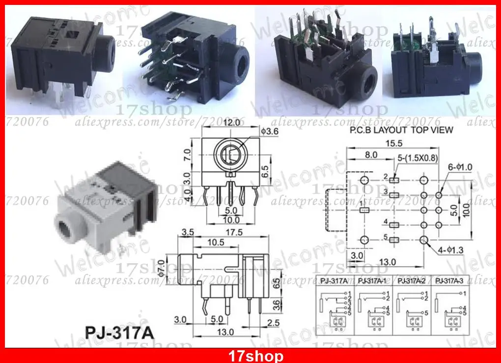 100PCS 11pin 1 8 3 5mm jack Stereo Headphones Socket With switch PCB Mount 317A