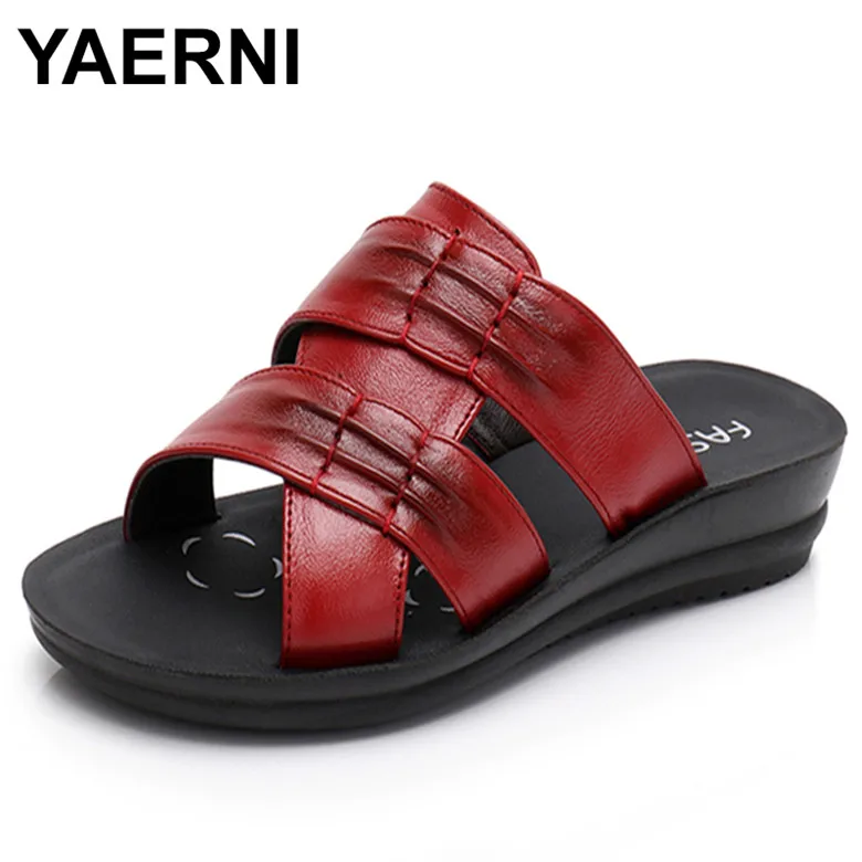 YAERNI/женские шлепанцы; обувь из натуральной кожи в стиле ретро; Цвет черный, красный; обувь на плоской подошве для мам; Вьетнамки; женские шлепанцы; кожаные шлепанцы - Цвет: Красный