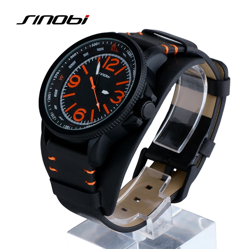 SINOBI Brand Waterproof Sport Watch Men Watch Fashion Wrist watches Black Leather Men s Watch Clock