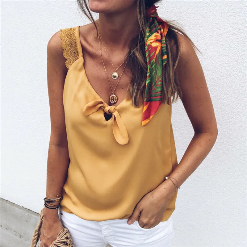 

New Fashion Women's Bow Tie Lace Stitching V-neck Vest Solid Color Loose Casual Wild High Street Wind Vest Sizes S-XL