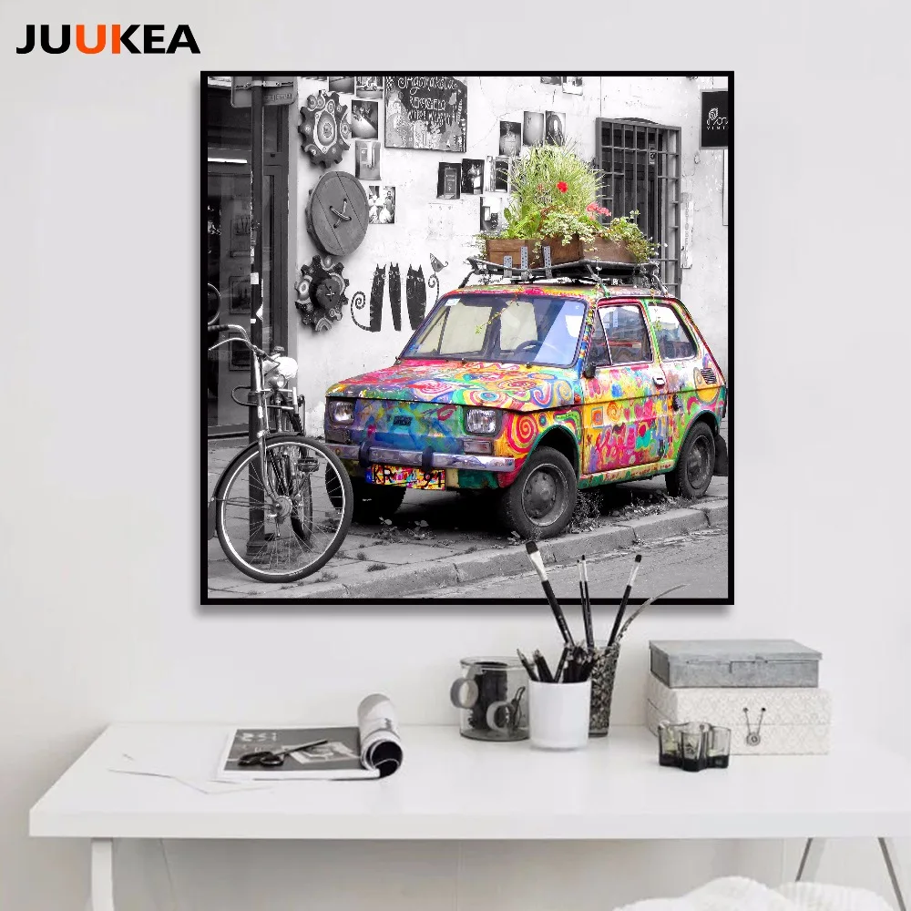 Black White Streetscape Vintage Colorful Car, Canvas Print Painting