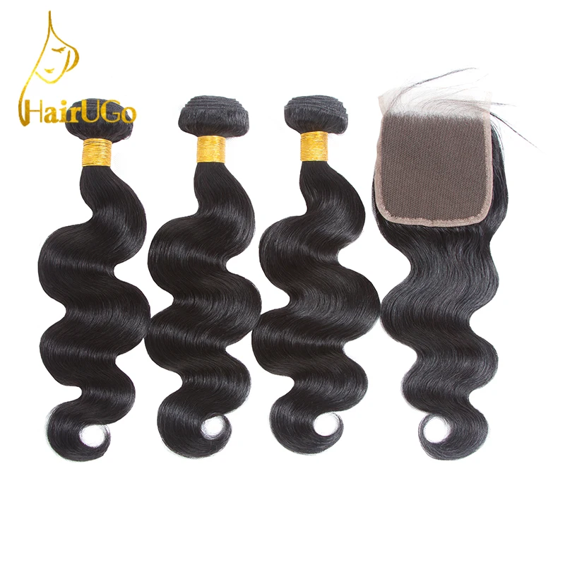 HairUGo Pre-colored 3 Body Wave Brazilian Hair Bundles Human Hair with 1 Closure #1b Color Nature Black Color Hair Weft brazilian-body-wave-hair-bundles-with-closure