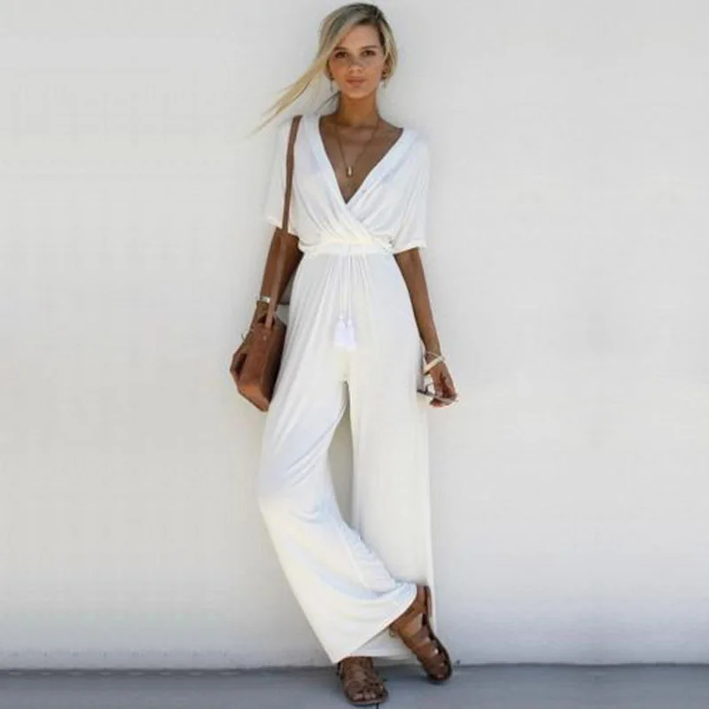 

Women's 3 Colors Milk Silk Deep V Neck Hight Waist Loose Romper Playsuit Party Elegant Ladies Short Sleeve Long Jumpsuit Clothes