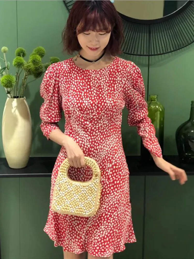 

Contrast Leopard Dots Print Puff Sleeve Dress Buttons Autumn Sweet Fresh Women Mini Length Wrap Dress