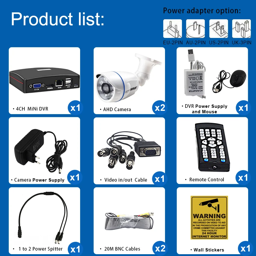  Smar 4CH 1080N 5 in 1 AHD DVR Kit CCTV System 2PCS 720P/1080P AHD Camera Indoor Outdoor Day & Night - 32913404939