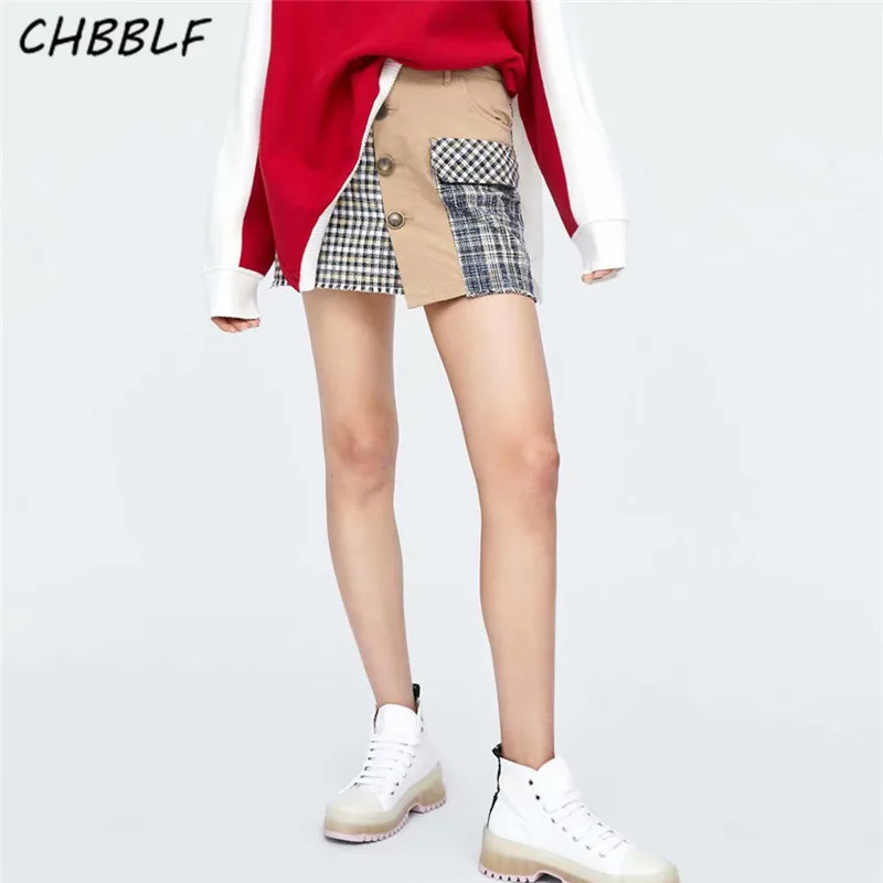 

CHBBLF women chic plaid patchwork mini skirt faldas mujer button design sweet female casual fashion skirts HJH1866